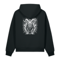 Back of a black heavyweight hoodie with a bone horned creature print