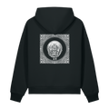 Back of a black heavyweight hoodie with a bone framed house and skeletal hands print