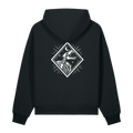 Back of a black heavyweight hoodie with a bone diamond and skeletal figure print