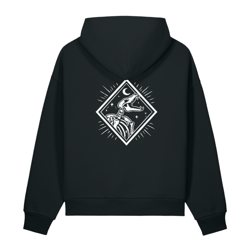 Back of a black heavyweight hoodie with a bone diamond and skeletal figure print