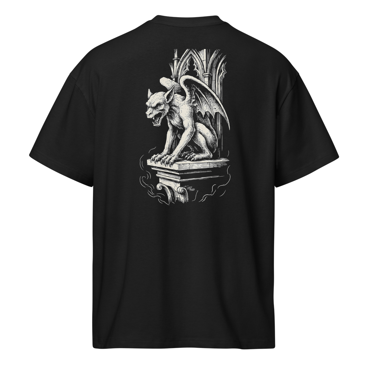 ack of a black heavyweight box tee with a bone gargoyle print, shaped on the form