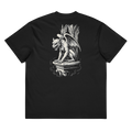 Back of a black heavyweight box tee with a bone gargoyle print