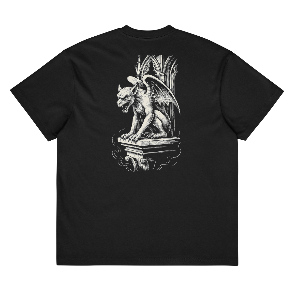 Back of a black heavyweight box tee with a bone gargoyle print