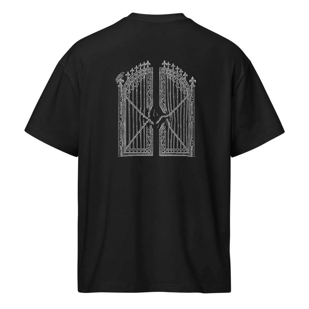 Back of a black heavyweight box tee with a bone gate and chain print, shaped on the form