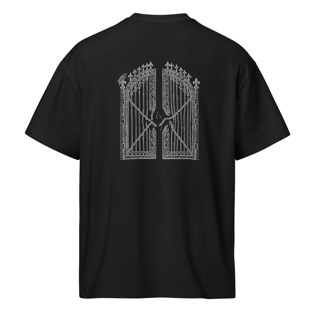 Back of a black heavyweight box tee with a bone gate and chain print, shaped on the form