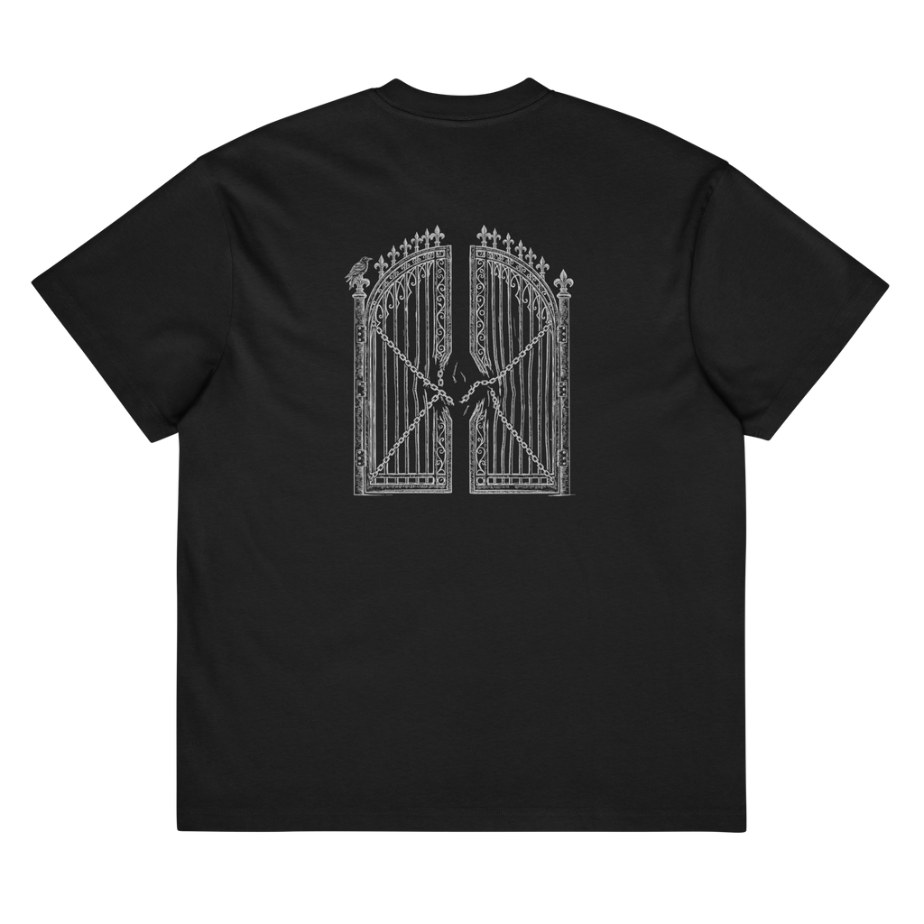 back of a black heavyweight box tee with a gate design