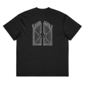 back of a black heavyweight box tee with a gate design