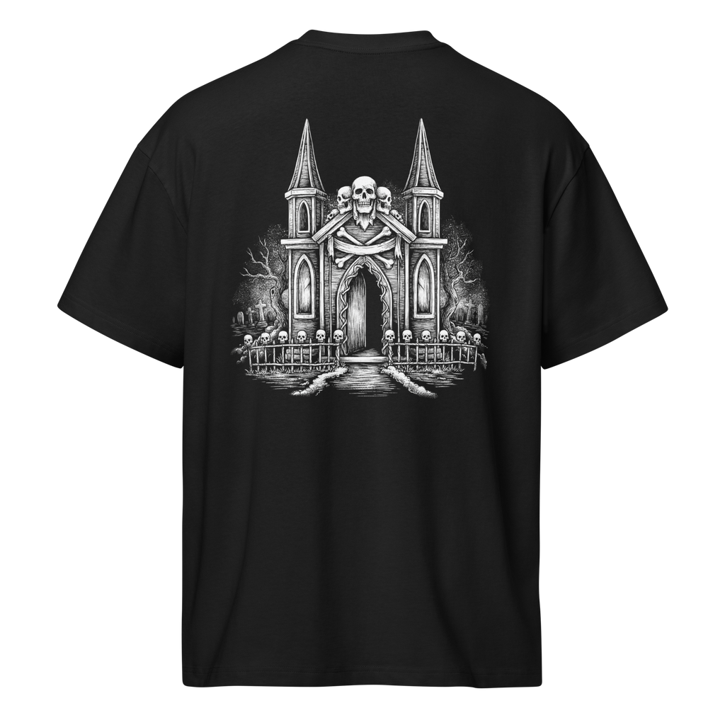 Back of a black heavyweight box tee with a bone crypt and skulls print