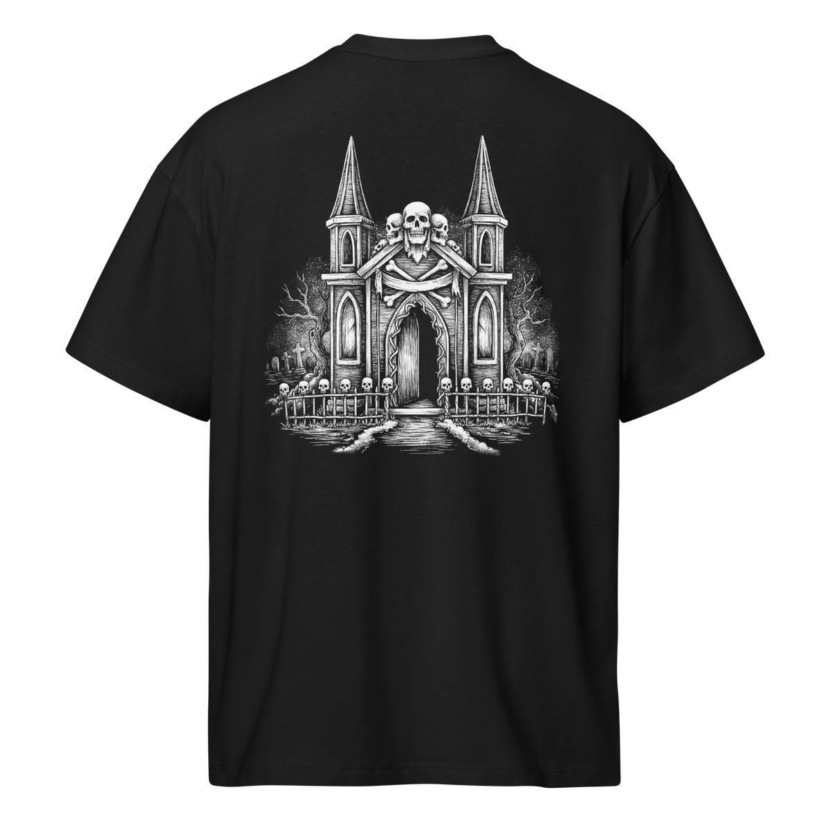 Back of a black heavyweight box tee with a bone crypt and skulls print