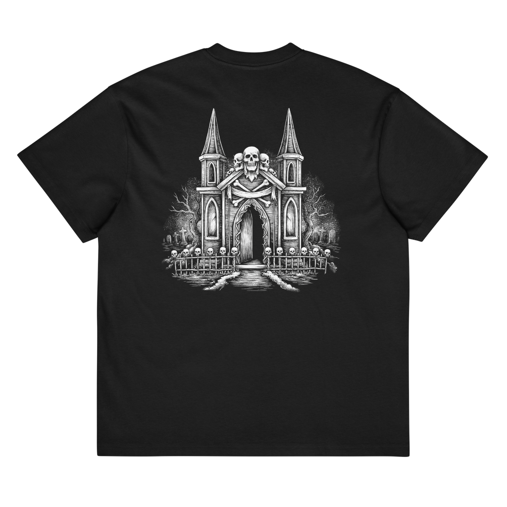 Back of a black heavyweight box tee with a bone crypt and skulls print