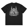 Back of a black heavyweight box tee with a bone crypt and skulls print