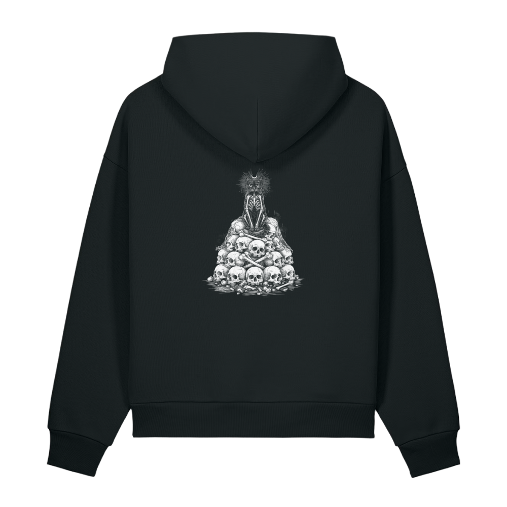 Rear view of the Midnight Veil Obsidian Black 500 GSM heavyweight overhead hoodie showing a large bone-white woodcut print of a skeletal familiar cat sitting on a pyramid pile of human skulls.