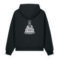 Rear view of the Midnight Veil Obsidian Black 500 GSM heavyweight overhead hoodie showing a large bone-white woodcut print of a skeletal familiar cat sitting on a pyramid pile of human skulls.