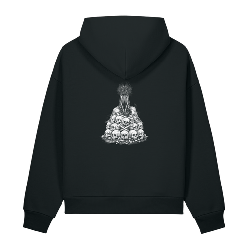 Rear view of the Midnight Veil Obsidian Black 500 GSM heavyweight overhead hoodie showing a large bone-white woodcut print of a skeletal familiar cat sitting on a pyramid pile of human skulls.