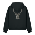 Back of a black heavyweight hoodie with a bone stag head and antlers on the upper back