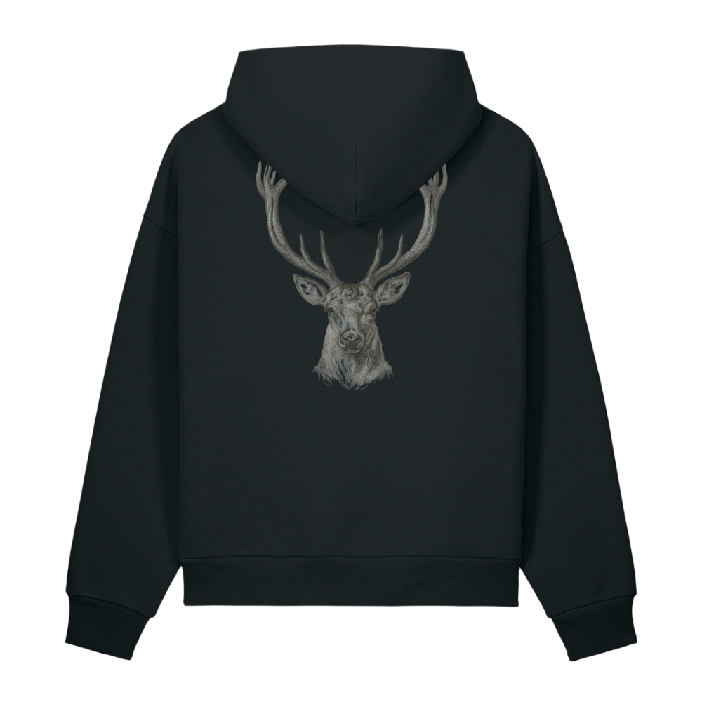 Back of a black heavyweight hoodie with a bone stag head and antlers on the upper back