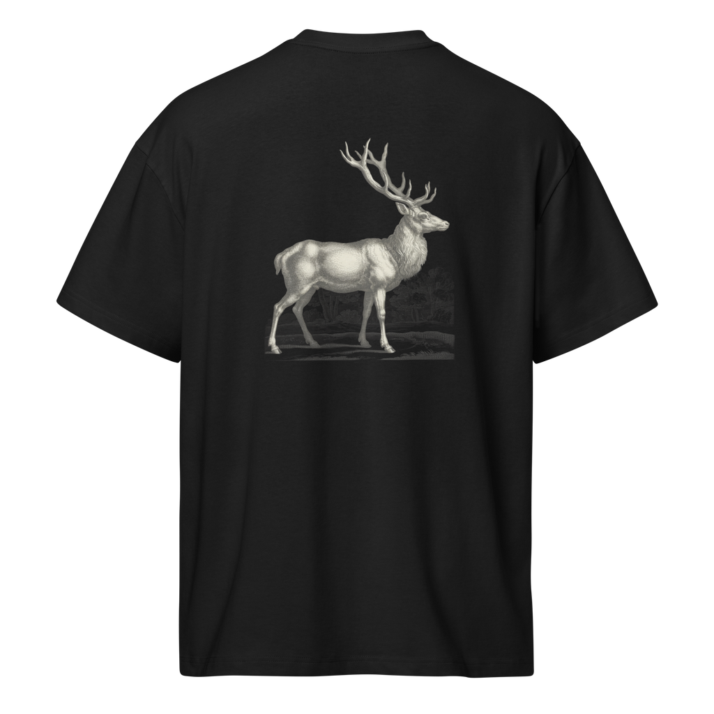 Back of a black box tee with a bone stag print