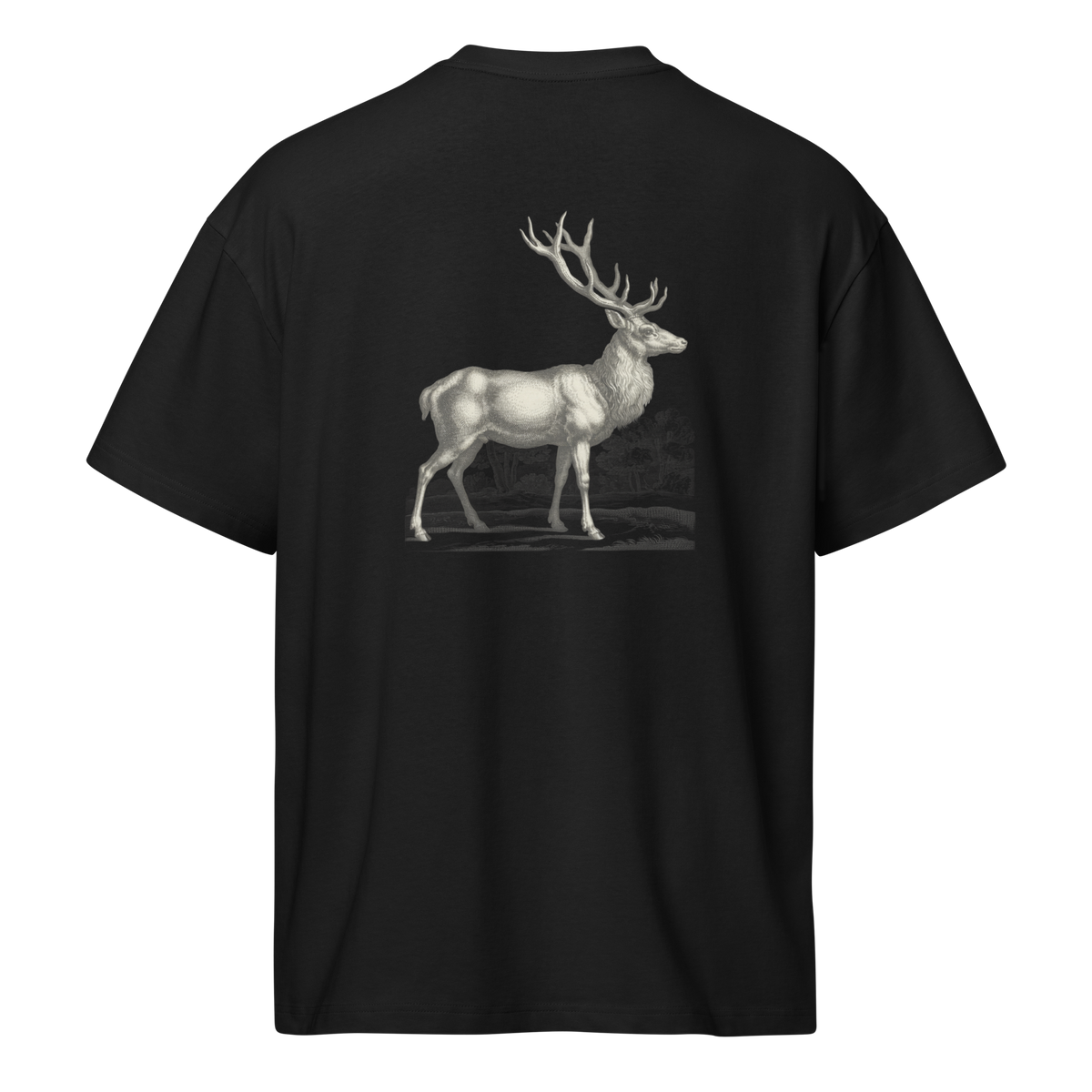 Back of a black box tee with a bone stag print