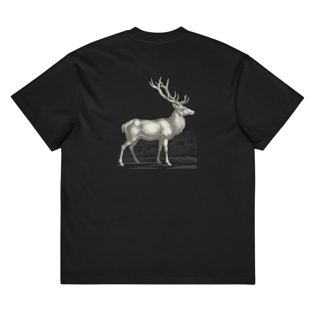 A black short-sleeve t-shirt shown from the back, featuring a detailed grayscale graphic of a stag with large antlers on the center back.