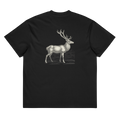 A black short-sleeve t-shirt shown from the back, featuring a detailed grayscale graphic of a stag with large antlers on the center back.
