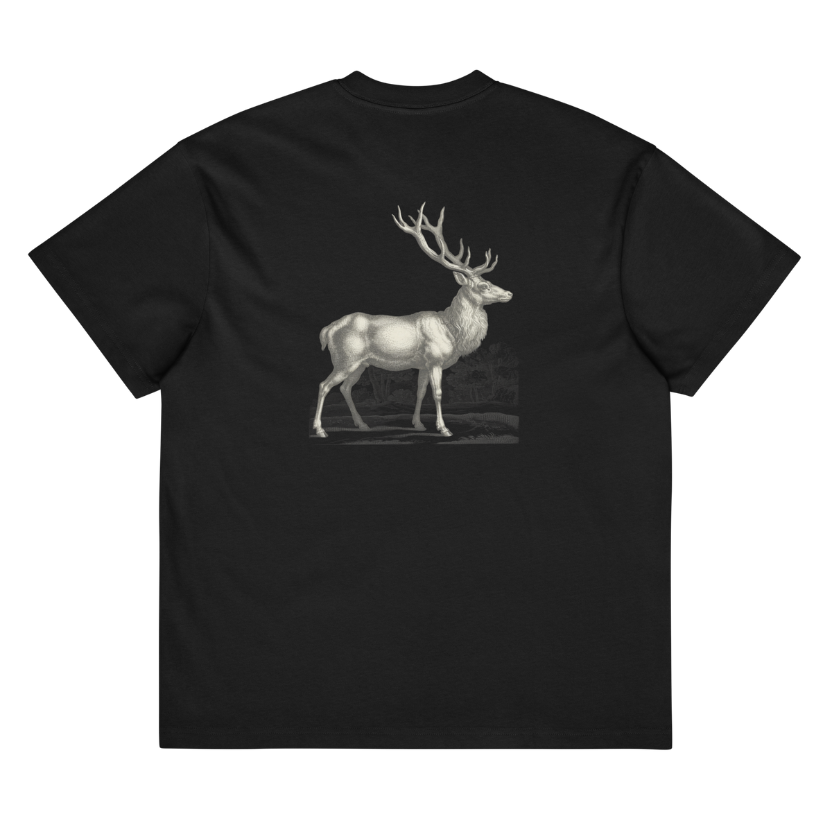 A black short-sleeve t-shirt shown from the back, featuring a detailed grayscale graphic of a stag with large antlers on the center back.