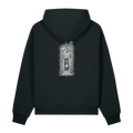 Back of a black heavyweight hoodie with a bone clock print, clear of the hood