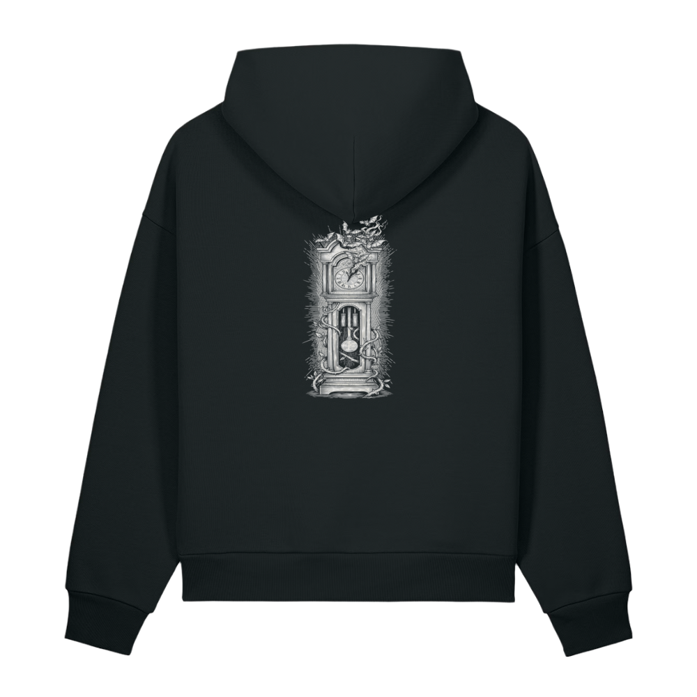 Back of a black heavyweight hoodie with a bone clock print, clear of the hood