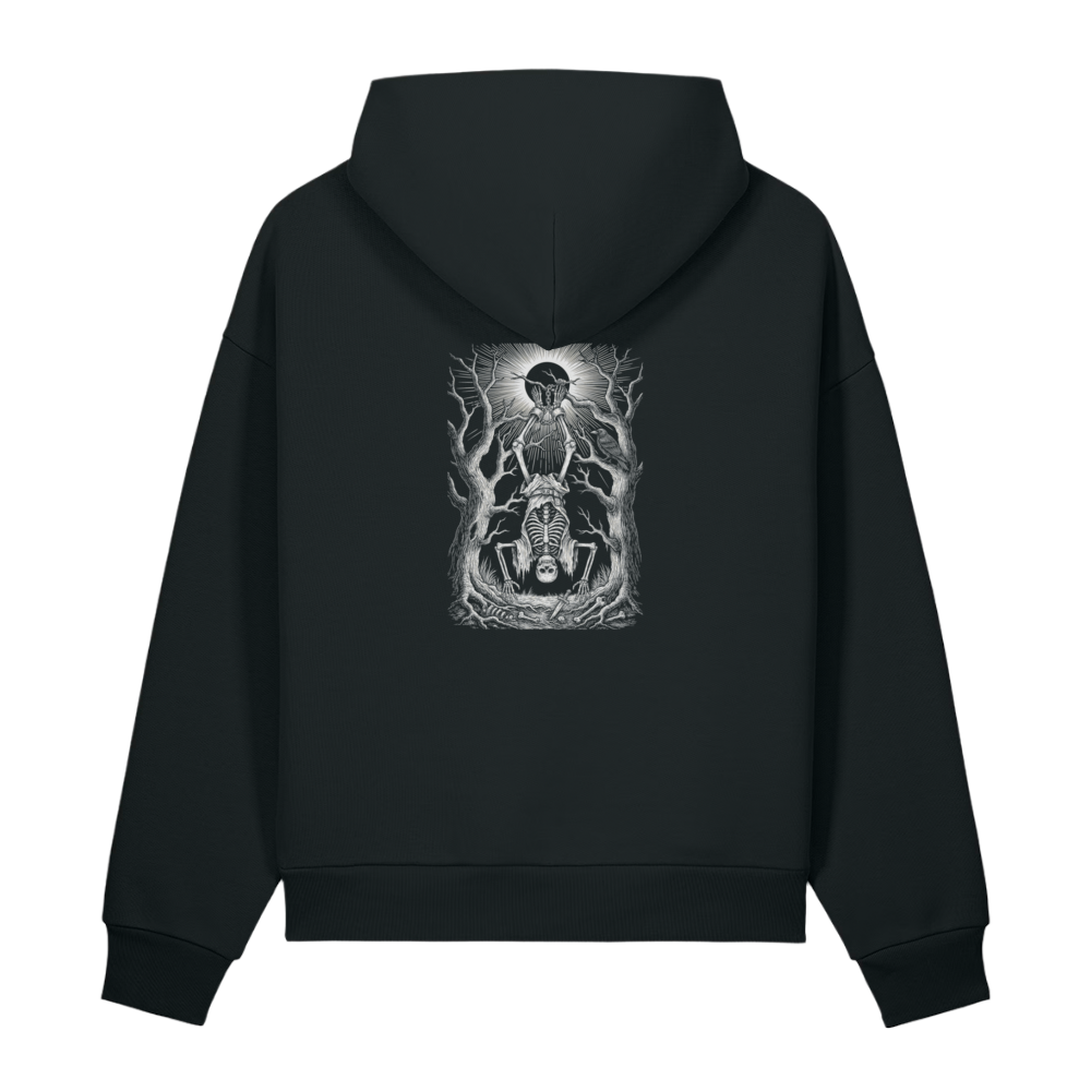 Back of a black heavyweight hoodie with a bone inverted skeleton print, clear of the hood