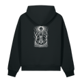 Back of a black heavyweight hoodie with a bone inverted skeleton print, clear of the hood