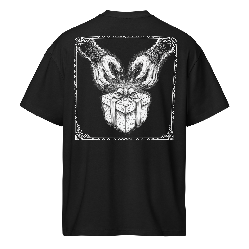 Back of a black heavyweight box tee with a bone clawed hands and gift box print