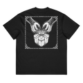 Back of a black heavyweight box tee with a bone clawed hands and gift box print