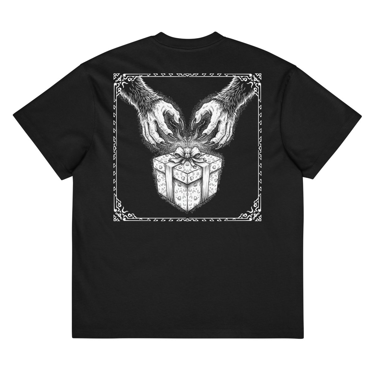Back of a black heavyweight box tee with a bone clawed hands and gift box print