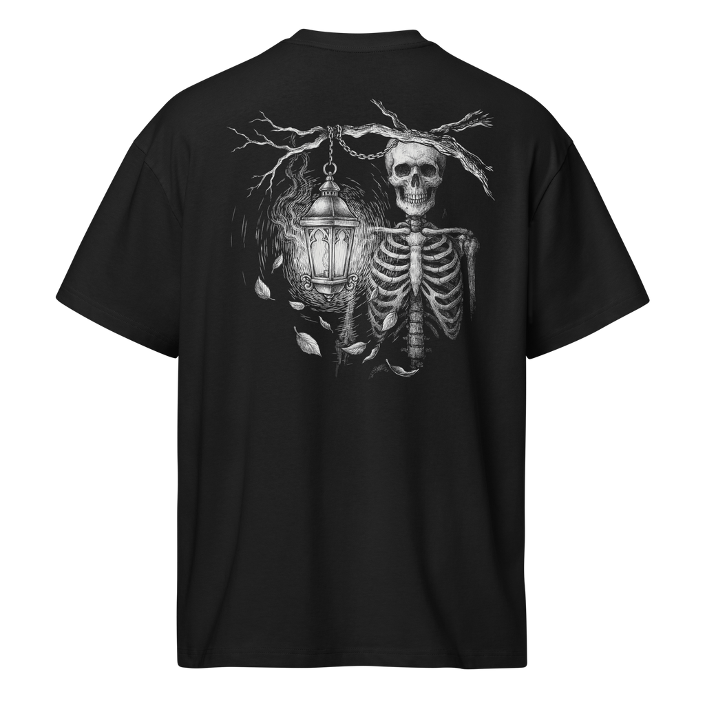 Back of a black heavyweight box tee with a bone skeleton and lantern print
