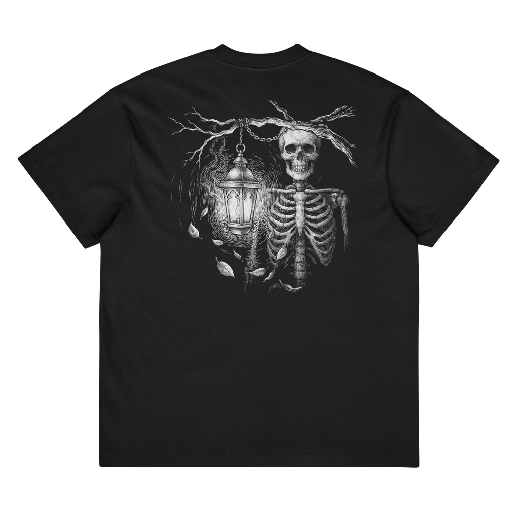 Back of a black heavyweight box tee with a bone skeleton and lantern print
