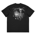 Back of a black heavyweight box tee with a bone skeleton and lantern print