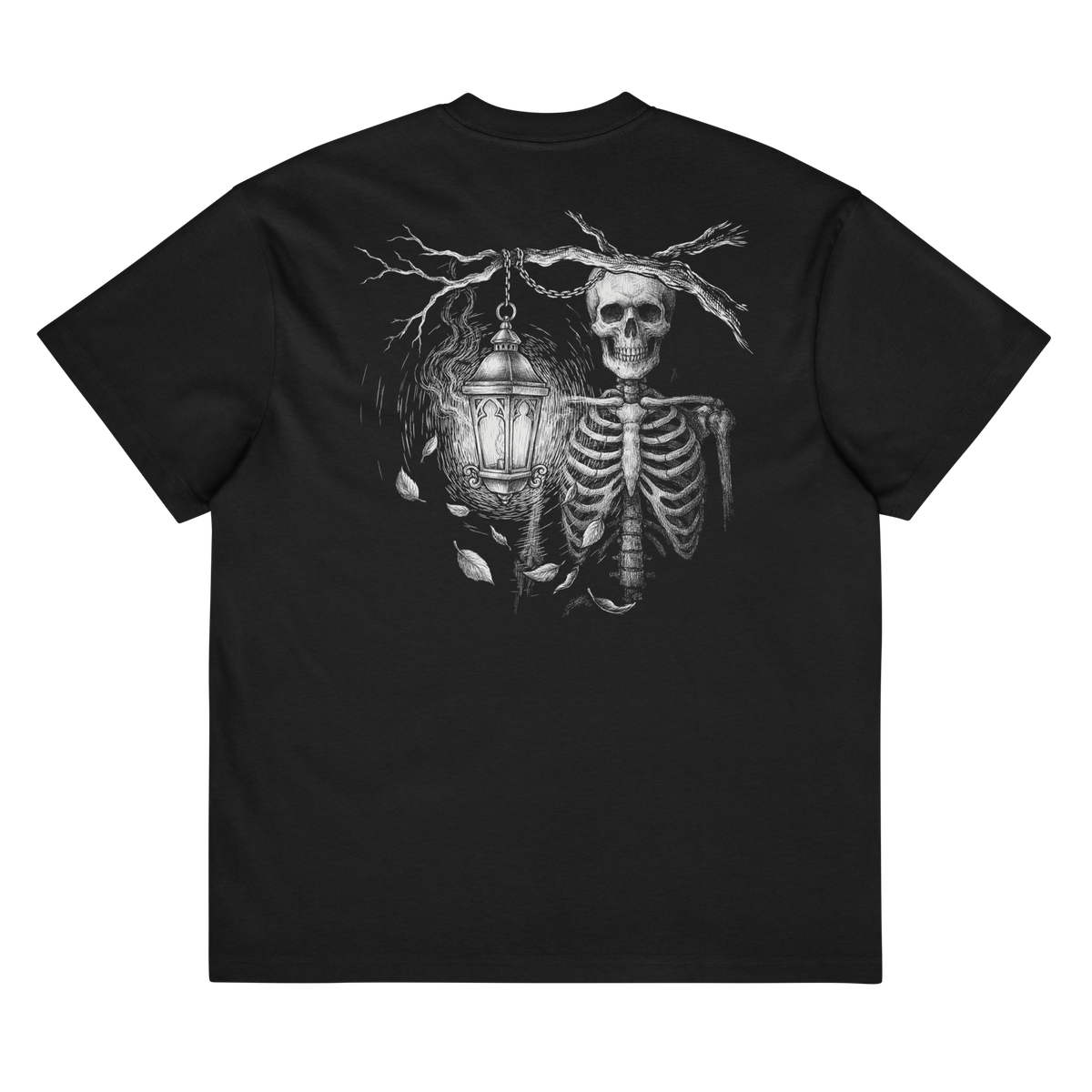 Back of a black heavyweight box tee with a bone skeleton and lantern print