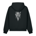 Back of a black heavyweight hoodie with a bone scarecrow and crow print, clear of the hood