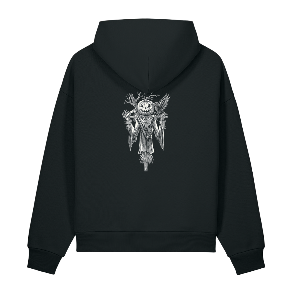 Back of a black heavyweight hoodie with a bone scarecrow and crow print, clear of the hood