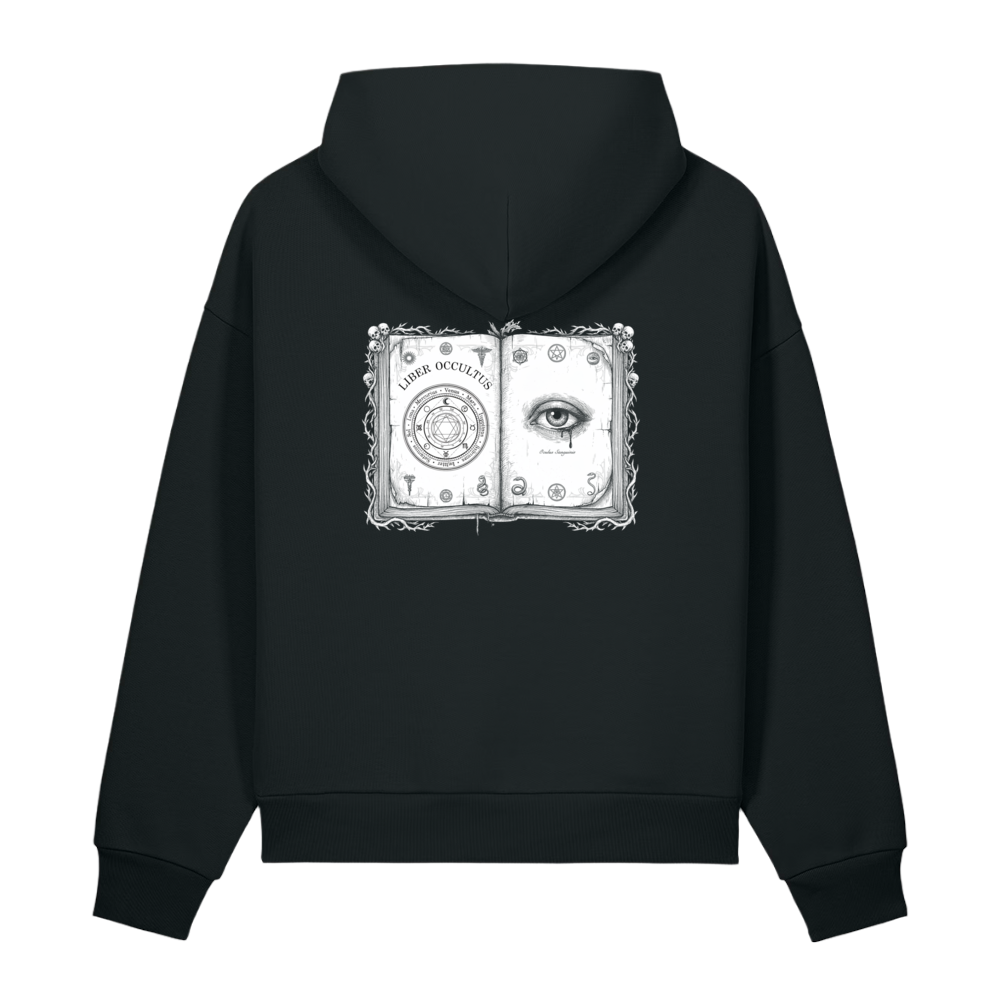 Back of a black heavyweight hoodie with a bone open book and eye print
