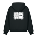 Back of a black heavyweight hoodie with a bone open book and eye print