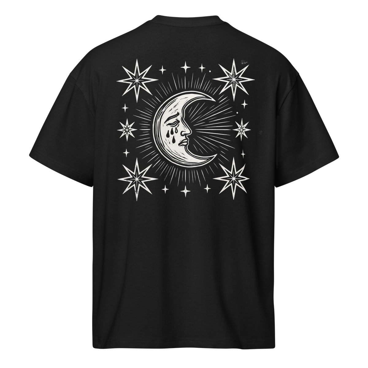 Back of a black heavyweight box tee with a bone crescent moon and stars print, shaped on the form