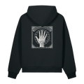 Back of a black heavyweight hoodie with a bone framed hand diagram print
