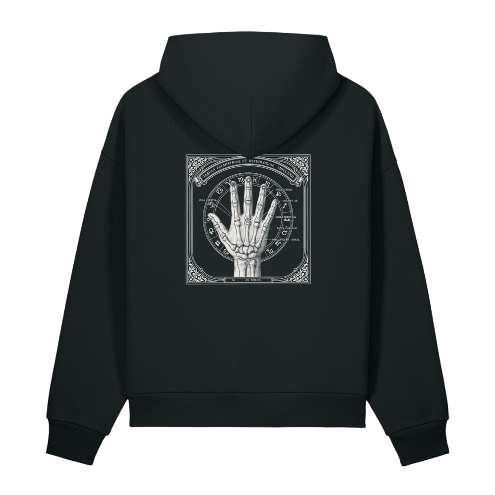 Back of a black heavyweight hoodie with a bone framed hand diagram print
