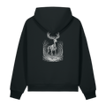 Back of a black heavyweight hoodie with a bone skeletal stag print, clear of the hood