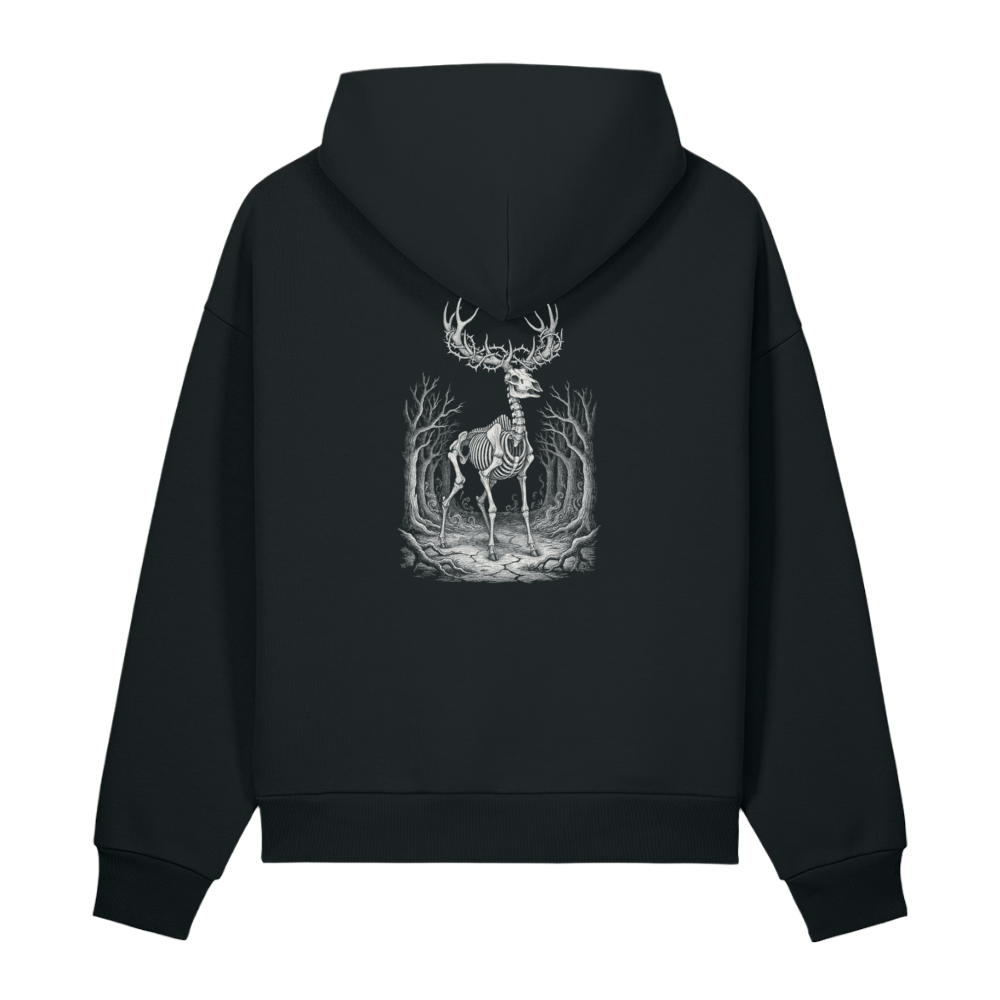 Back of a black heavyweight hoodie with a bone skeletal stag print, clear of the hood