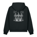 Back of a black heavyweight hoodie with a bone three plague doctors print