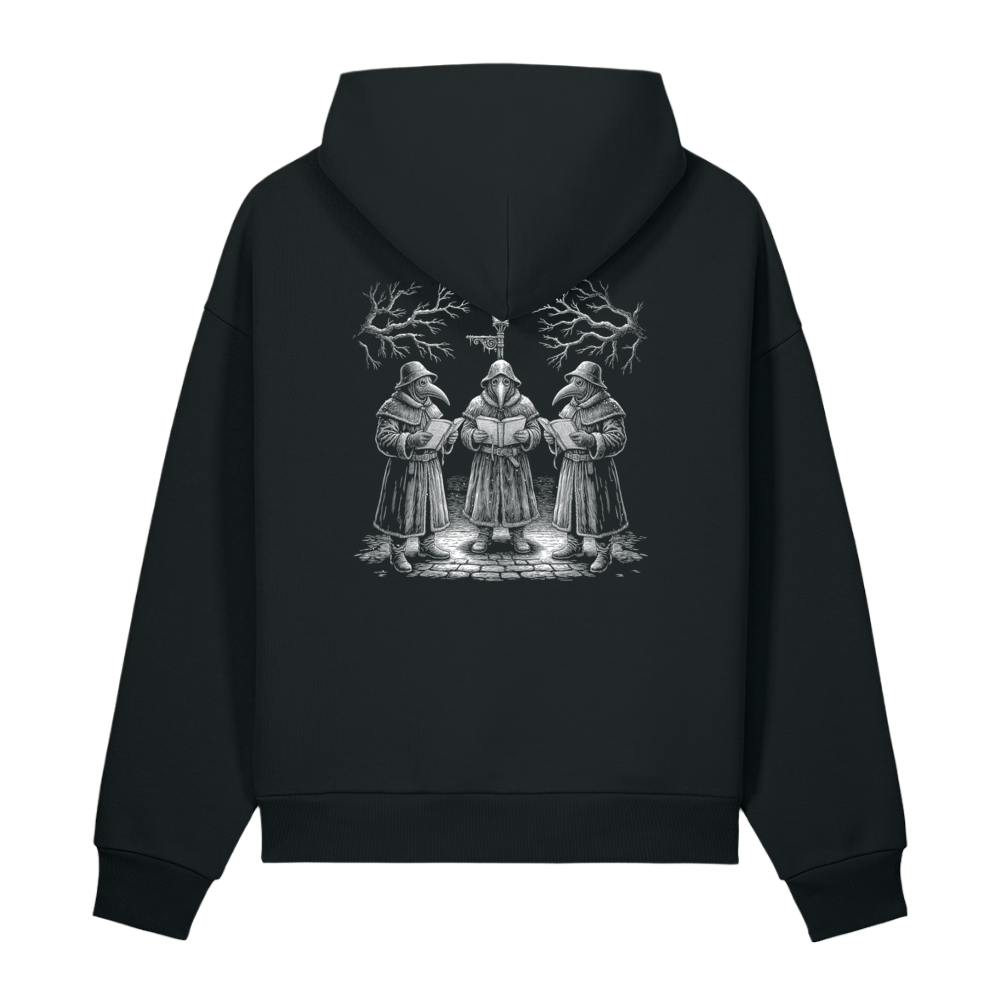 Back of a black heavyweight hoodie with a bone three plague doctors print