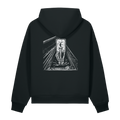 Back of a black heavyweight hoodie with a bone tarot print, clear of the hood