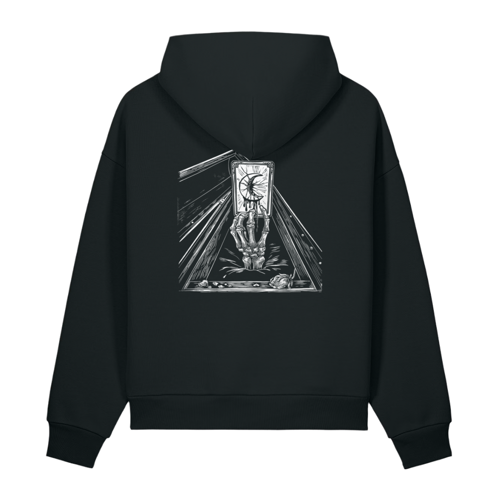 Back of a black heavyweight hoodie with a bone tarot print, clear of the hood