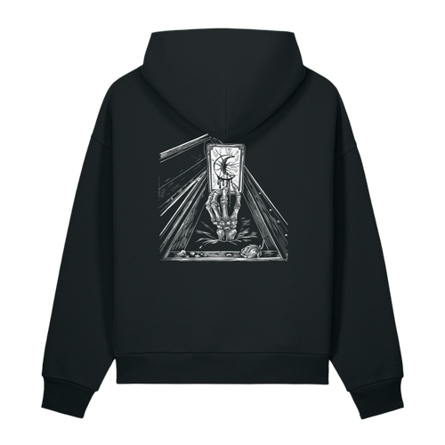 Back of a black heavyweight hoodie with a bone tarot print, clear of the hood